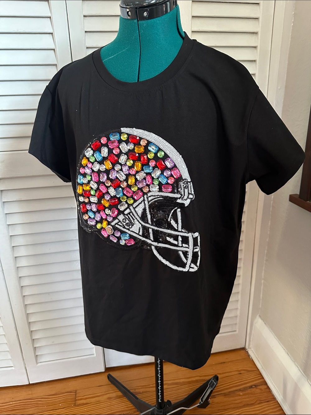 QUEEN OF SPARKLES Black Tee with Multicolor Jeweled Football Helmet